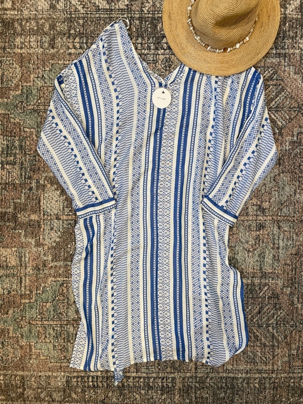 en Creme Blue and White Striped Woven Tunic Medium NWT